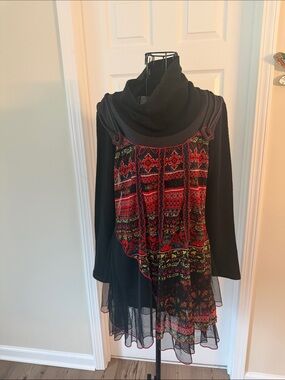 Black Tunic with Red Patterned Overlay - Women's Stylish Layered Tunic